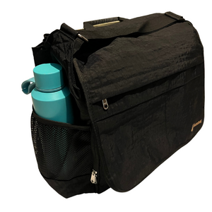 Exterior of black trombone mute bag with water bottle in side pocket
